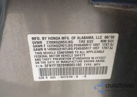 2009 Honda Pilot Lx from USA, damaged, VIN 5FNYF38289B005180